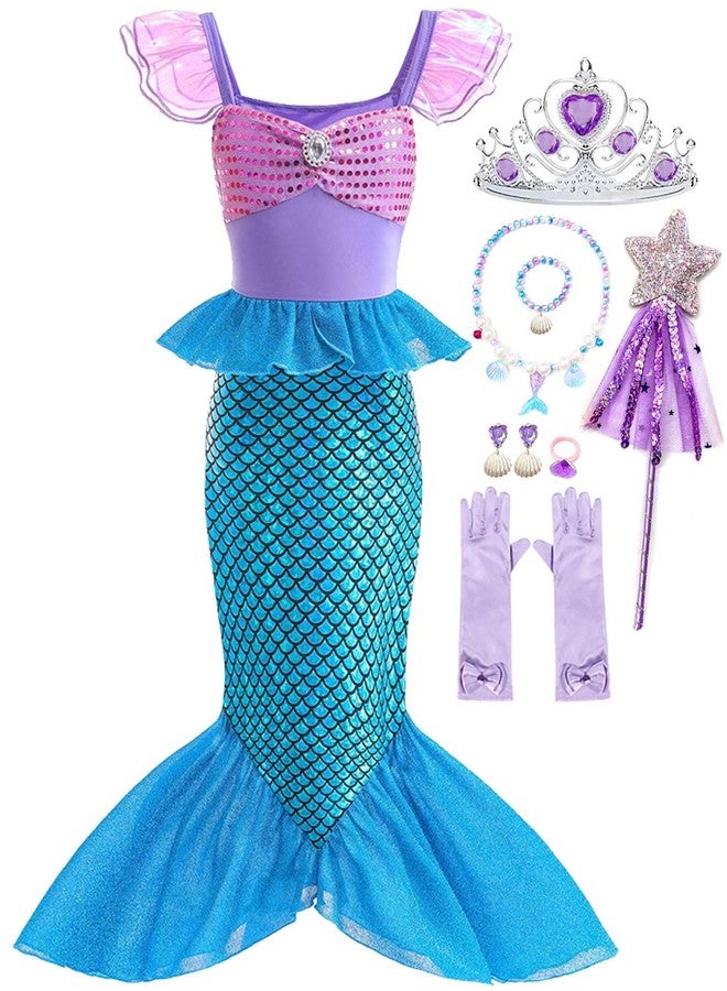 Luzlen Little Girls Mermaid Princess Costume Party Dress for Toddler Kids Baby Halloween Cosplay Dress Up with Accessories, Blue, 7-8 Years(Tag 150) - Image 1
